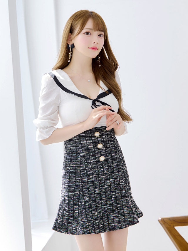韓国ドレス ミニドレス 襟付き ネックリボン シフォン パフスリーブ ツイード チェック柄 袖あり 五分袖 Aライン キャバドレスのイメージ画像2