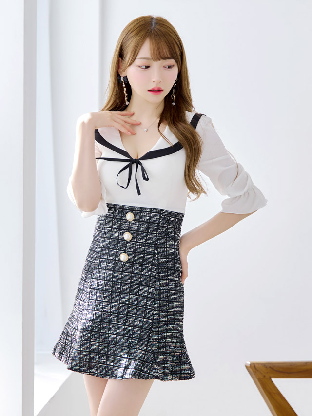 韓国ドレス ミニドレス 襟付き ネックリボン シフォン パフスリーブ ツイード チェック柄 袖あり 五分袖 Aライン キャバドレスのイメージ画像2