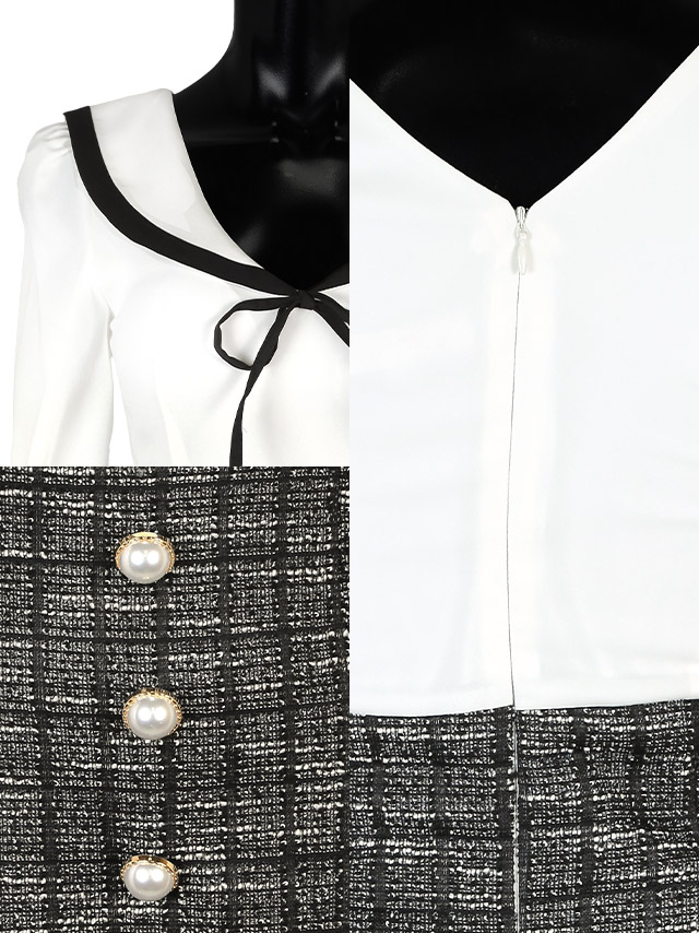 韓国ドレス ミニドレス 襟付き ネックリボン シフォン パフスリーブ ツイード チェック柄 袖あり 五分袖 Aライン キャバドレスのディティール1