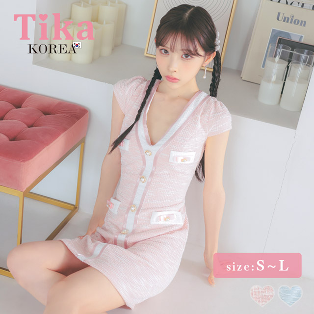 韓国ドレス ミニドレス ツイード バイカラー ゴールドボタン 半袖 ピンク タイト キャバドレスのメイン画像