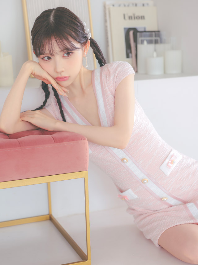 韓国ドレス ミニドレス ツイード バイカラー ゴールドボタン 半袖 ピンク タイト キャバドレスイメージ画像1