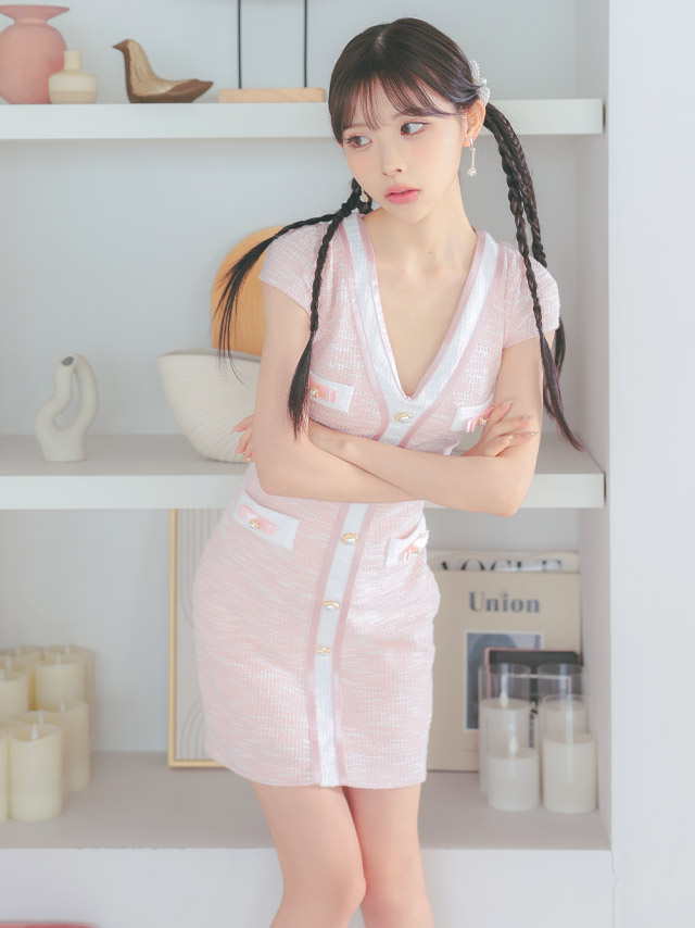 韓国ドレス ミニドレス ツイード バイカラー ゴールドボタン 半袖 ピンク タイト キャバドレスイメージ画像1