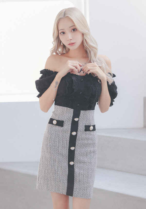 韓国ドレス ミニドレス オフショルダー フリルパフスリーブ モノトーン ツイード タイト キャバドレスイメージ画像1
