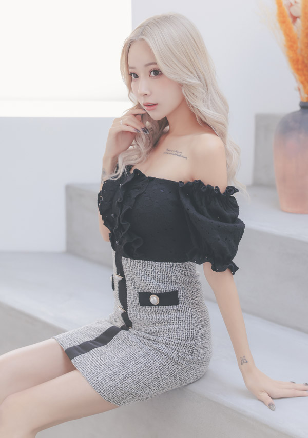 韓国ドレス ミニドレス オフショルダー フリルパフスリーブ モノトーン ツイード タイト キャバドレスイメージ画像1