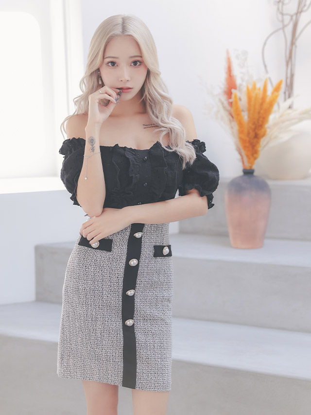 韓国ドレス ミニドレス オフショルダー フリルパフスリーブ モノトーン ツイード タイト キャバドレスのイメージ画像2