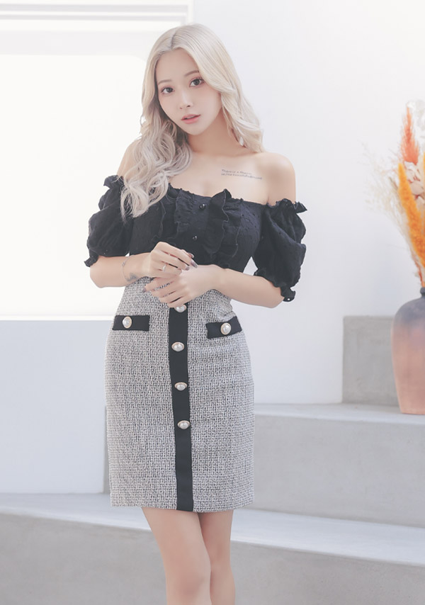 韓国ドレス ミニドレス オフショルダー フリルパフスリーブ モノトーン ツイード タイト キャバドレスのイメージ画像2