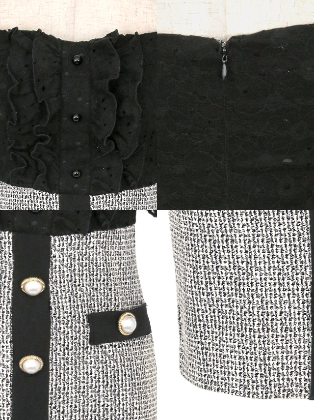 韓国ドレス ミニドレス オフショルダー フリルパフスリーブ モノトーン ツイード タイト キャバドレスのディティール1