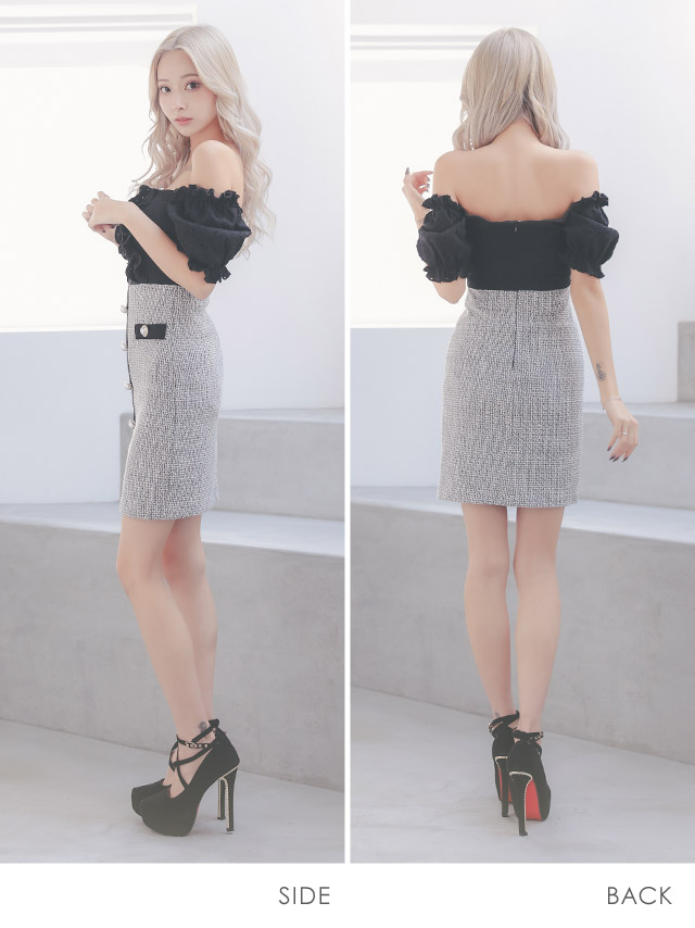 韓国ドレス ミニドレス オフショルダー フリルパフスリーブ モノトーン ツイード タイト キャバドレスのサイドバッグ全身