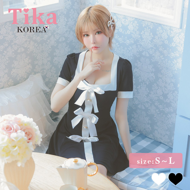 韓国ドレス ミニドレス 半袖 スクエアネック パイピング サテンリボン モノトーン 胸元カバー Aライン キャバドレスのメイン画像