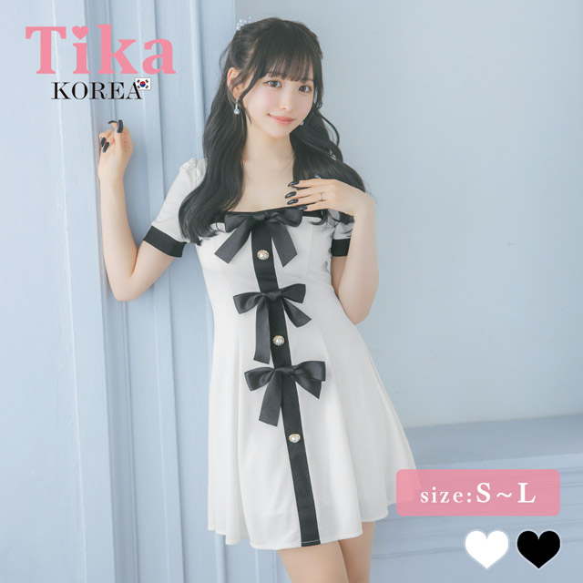 韓国ドレス ミニドレス 半袖 スクエアネック パイピング サテンリボン モノトーン 胸元カバー Aライン キャバドレスのメイン画像