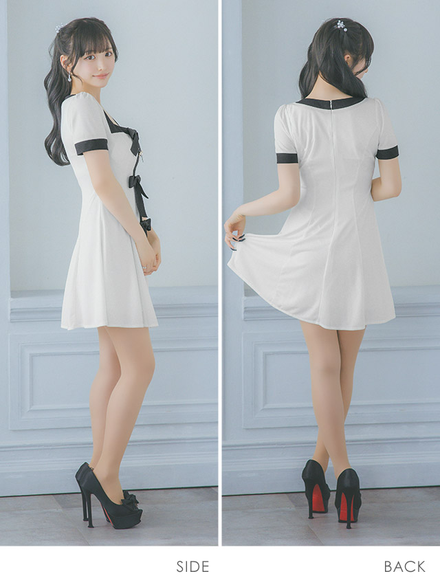 韓国ドレス ミニドレス 半袖 スクエアネック パイピング サテンリボン モノトーン 胸元カバー Aライン キャバドレスのサイドバッグ全身