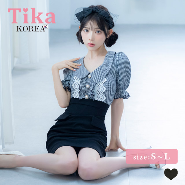 韓国ドレス ミニドレス 襟付き パールボタン 半袖 パフスリーブ チェック柄 タイト キャバドレスのメイン画像