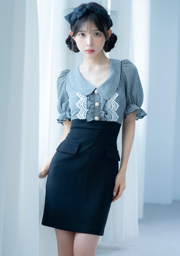 韓国ドレス ミニドレス 襟付き パールボタン 半袖 パフスリーブ チェック柄 タイト キャバドレスイメージ画像1