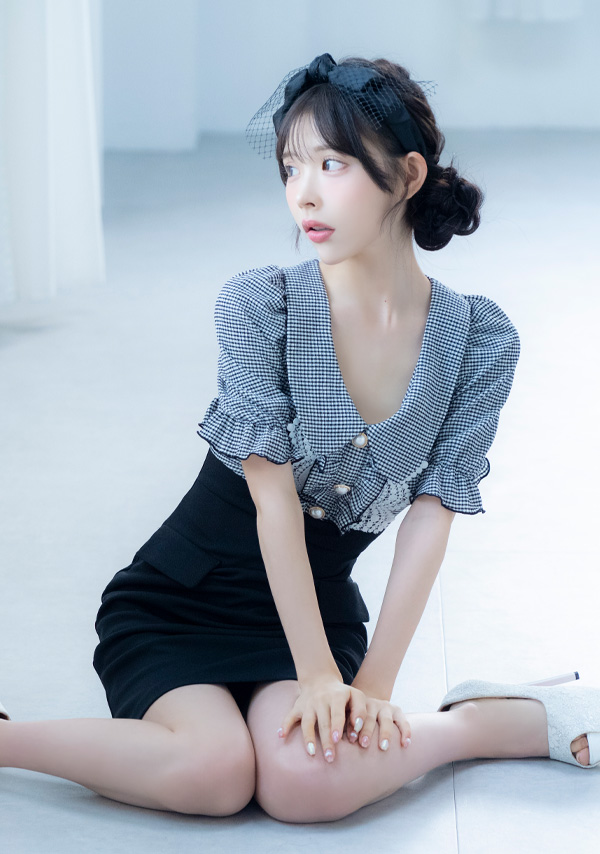 韓国ドレス ミニドレス 襟付き パールボタン 半袖 パフスリーブ チェック柄 タイト キャバドレスイメージ画像1