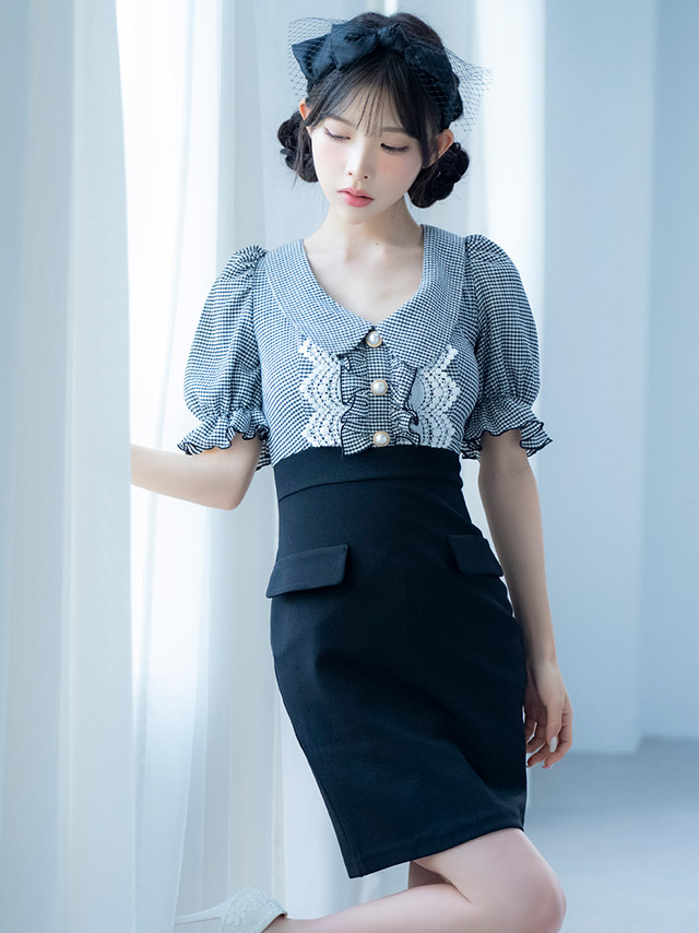 韓国ドレス ミニドレス 襟付き パールボタン 半袖 パフスリーブ チェック柄 タイト キャバドレスのイメージ画像2