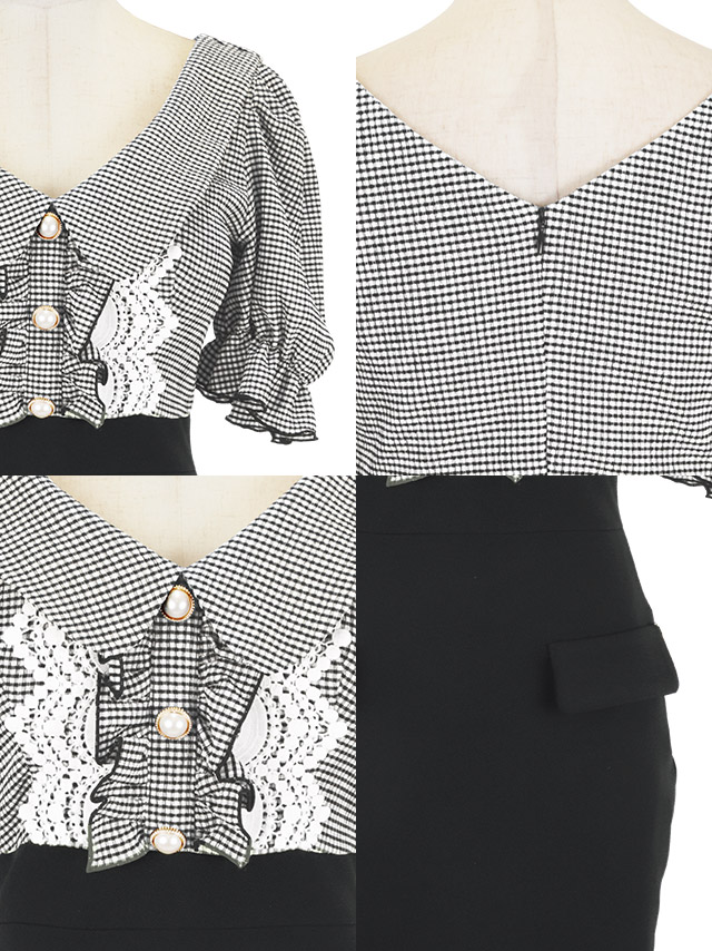 韓国ドレス ミニドレス 襟付き パールボタン 半袖 パフスリーブ チェック柄 タイト キャバドレスのディティール1