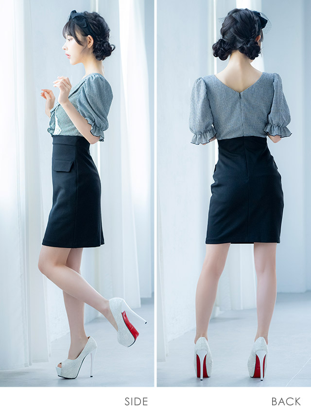 韓国ドレス ミニドレス 襟付き パールボタン 半袖 パフスリーブ チェック柄 タイト キャバドレスのサイドバッグ全身