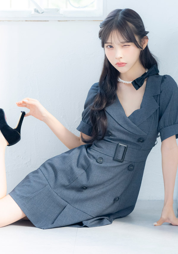 韓国ドレス ミニドレス 襟付き ウエストベルト 半袖 パフスリーブ ワンピース グレー Aライン キャバドレイメージ画像1