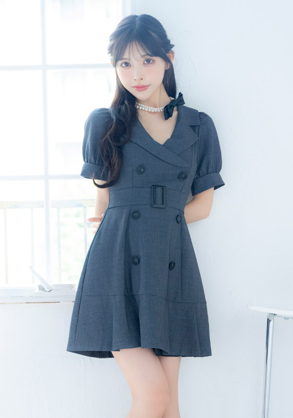 韓国ドレス ミニドレス 襟付き ウエストベルト 半袖 パフスリーブ ワンピース グレー Aライン キャバドレイメージ画像1
