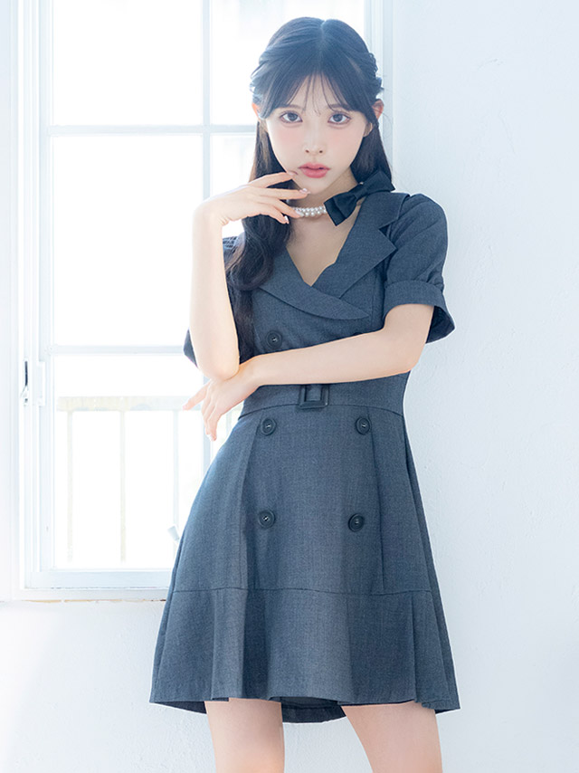 ツイード半袖パフスリーブフレアミニドレス