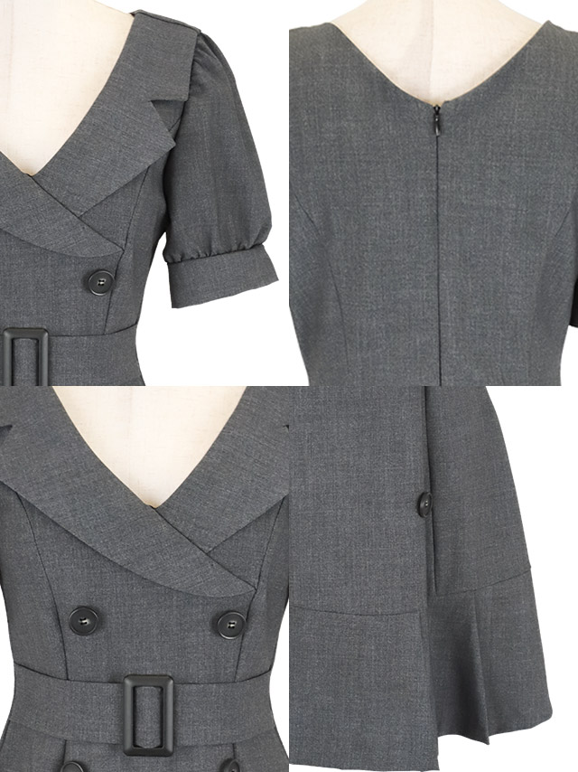 韓国ドレス ミニドレス 襟付き ウエストベルト 半袖 パフスリーブ ワンピース グレー Aライン キャバドレのディティール1