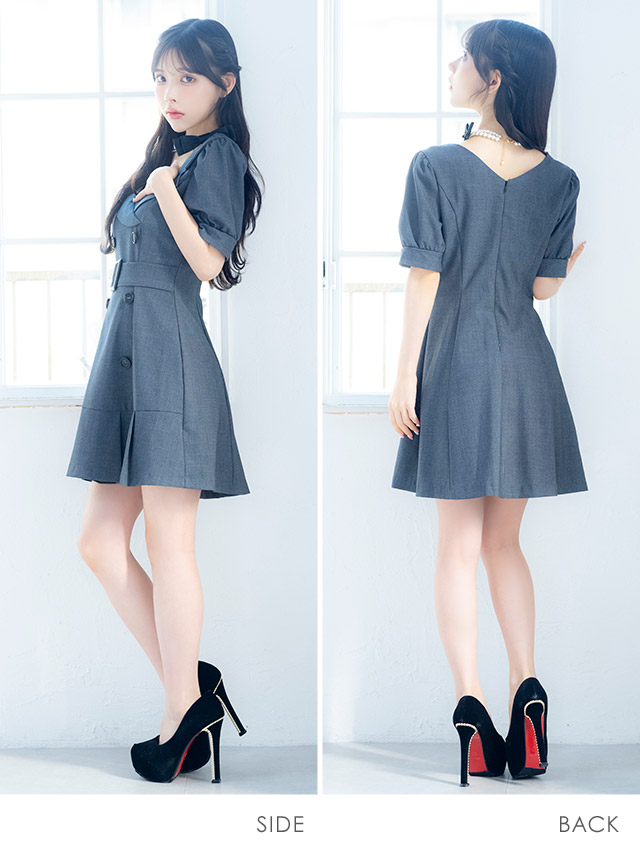 韓国ドレス ミニドレス 襟付き ウエストベルト 半袖 パフスリーブ ワンピース グレー Aライン キャバドレのサイドバッグ全身