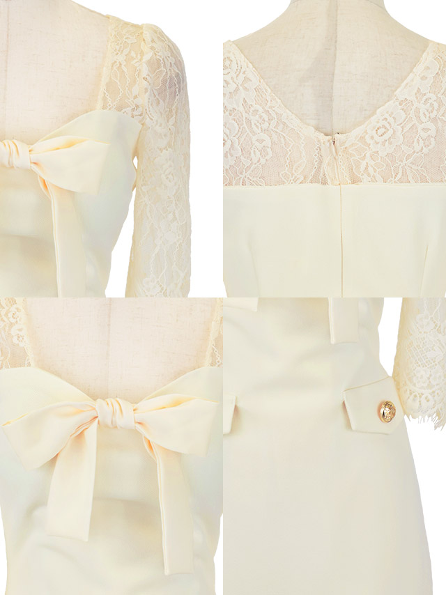 韓国ドレス ミニドレス 袖あり 五分袖 レース バストリボン ボックスプリーツ タイト キャバドレスのディティール1