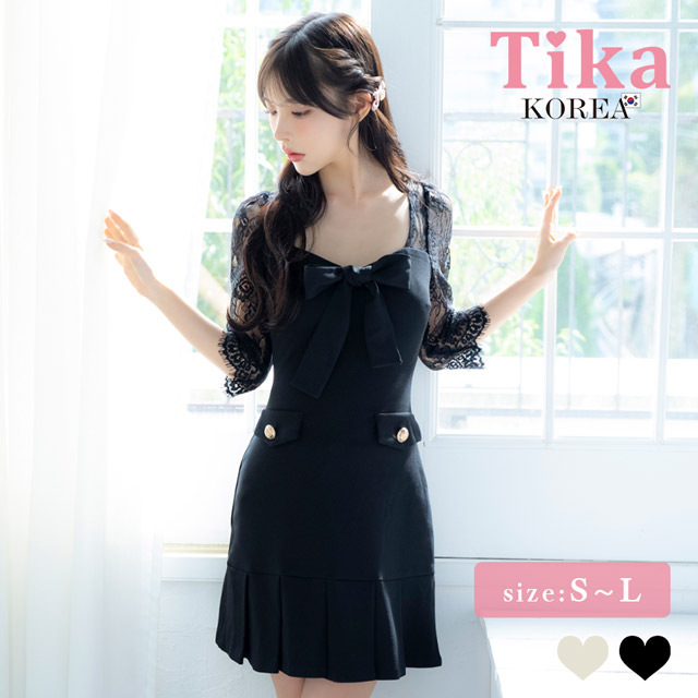 韓国ドレス ミニドレス 袖あり 五分袖 レース バストリボン ボックスプリーツ タイト キャバドレスのメイン画像