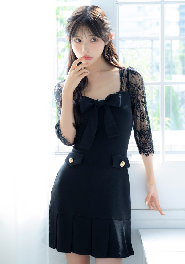 韓国ドレス ミニドレス 袖あり 五分袖 レース バストリボン ボックスプリーツ タイト キャバドレスイメージ画像1