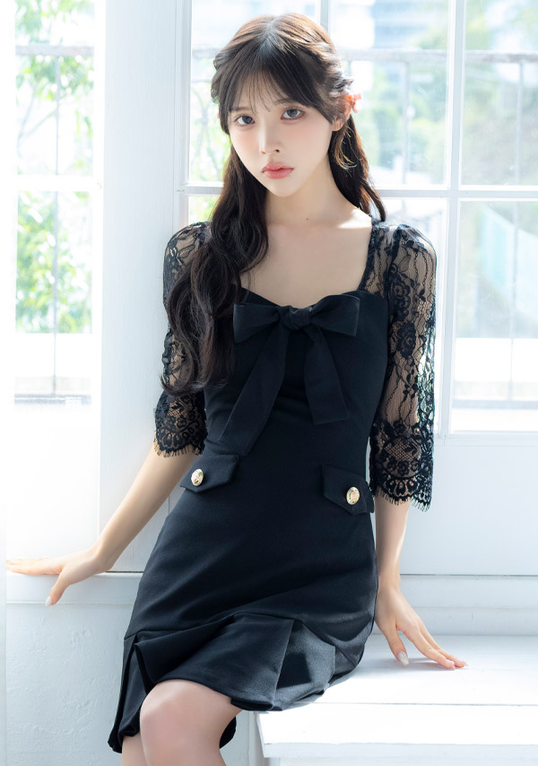 韓国ドレス ミニドレス 袖あり 五分袖 レース バストリボン ボックスプリーツ タイト キャバドレスイメージ画像1