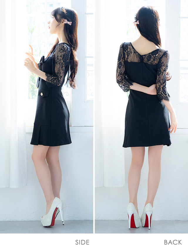 韓国ドレス ミニドレス 袖あり 五分袖 レース バストリボン ボックスプリーツ タイト キャバドレスのサイドバッグ全身