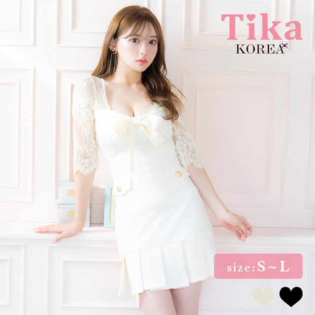 韓国ドレス ミニドレス 袖あり 五分袖 レース バストリボン ボックスプリーツ タイト キャバドレスのメイン画像