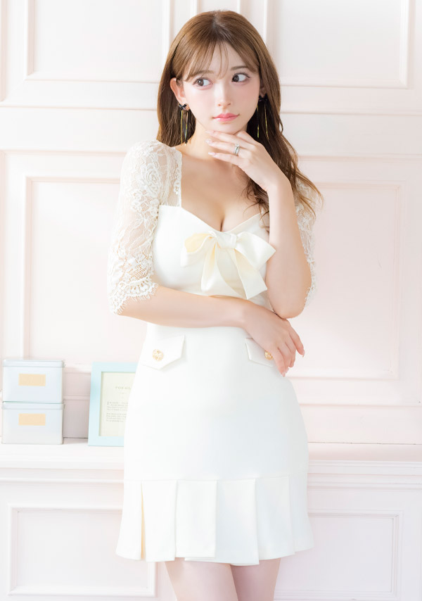 韓国ドレス ミニドレス 袖あり 五分袖 レース バストリボン ボックスプリーツ タイト キャバドレスイメージ画像1