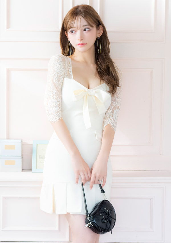 韓国ドレス ミニドレス 袖あり 五分袖 レース バストリボン ボックスプリーツ タイト キャバドレスのイメージ画像2