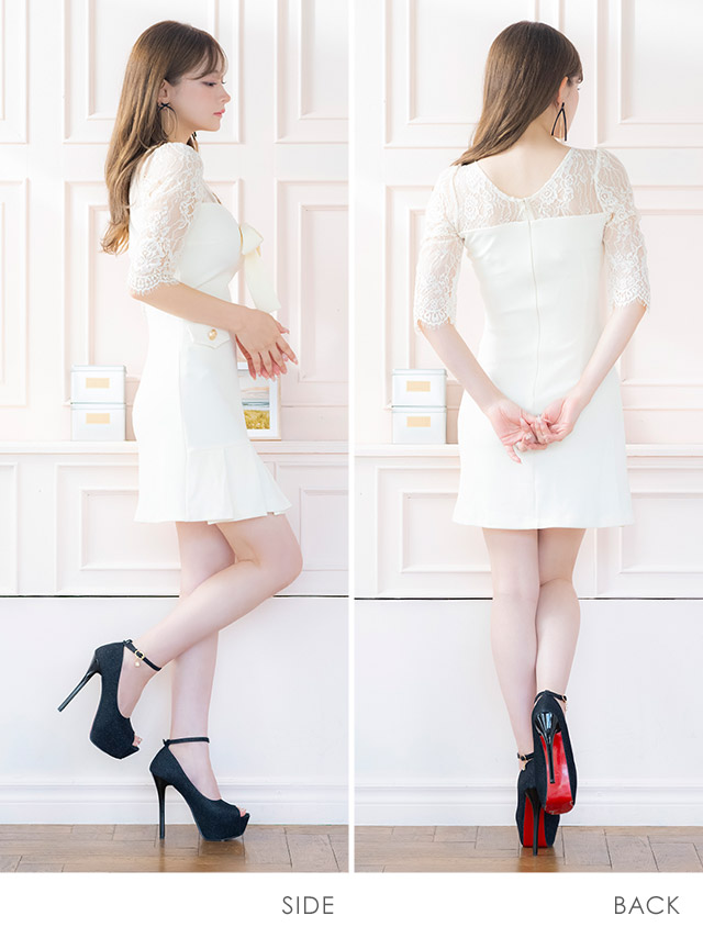 韓国ドレス ミニドレス 袖あり 五分袖 レース バストリボン ボックスプリーツ タイト キャバドレスのサイドバッグ全身