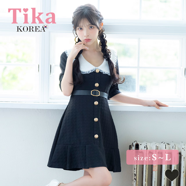 韓国ドレス ワンピース 襟付き ウエストベルト付き ゴールドボタン 半袖 Aライン キャバドレスのメイン画像