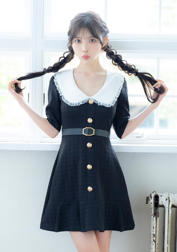 韓国ドレス ワンピース 襟付き ウエストベルト付き ゴールドボタン 半袖 Aライン キャバドレスイメージ画像1