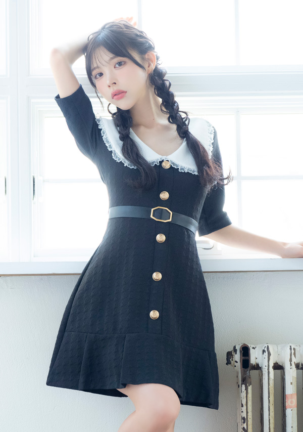 韓国ドレス ワンピース 襟付き ウエストベルト付き ゴールドボタン 半袖 Aライン キャバドレスイメージ画像1