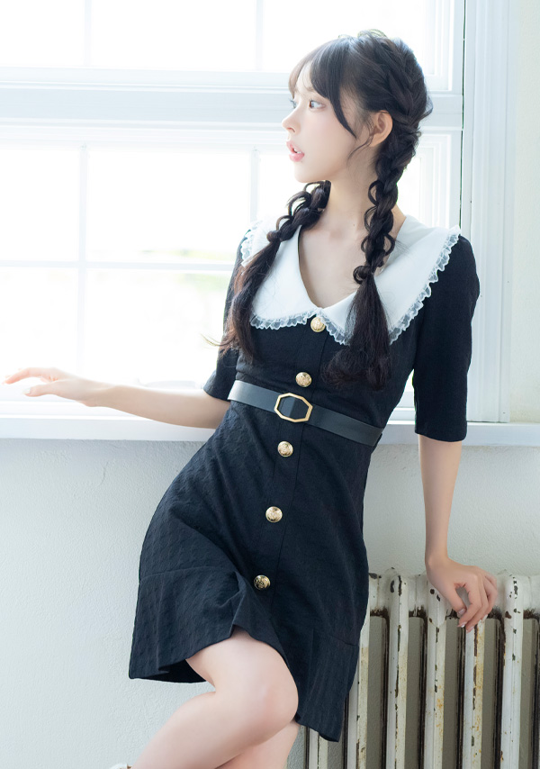 韓国ドレス ワンピース 襟付き ウエストベルト付き ゴールドボタン 半袖 Aライン キャバドレスのイメージ画像2