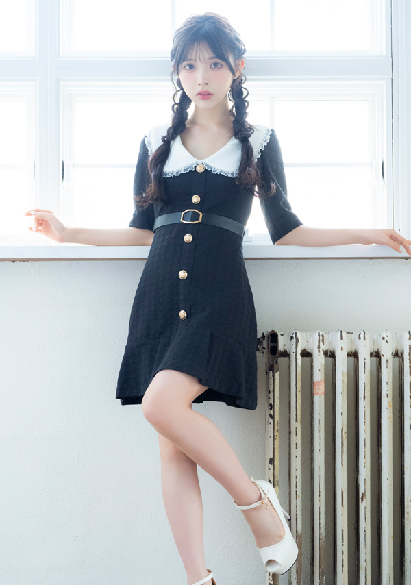 韓国ドレス ワンピース 襟付き ウエストベルト付き ゴールドボタン 半袖 Aライン キャバドレスのイメージ画像2