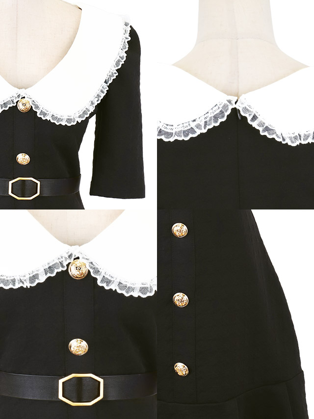 韓国ドレス ワンピース 襟付き ウエストベルト付き ゴールドボタン 半袖 Aライン キャバドレスのディティール1