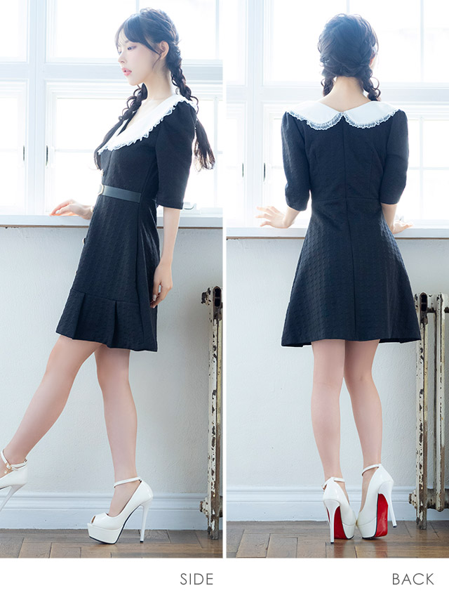 韓国ドレス ワンピース 襟付き ウエストベルト付き ゴールドボタン 半袖 Aライン キャバドレスのサイドバッグ全身