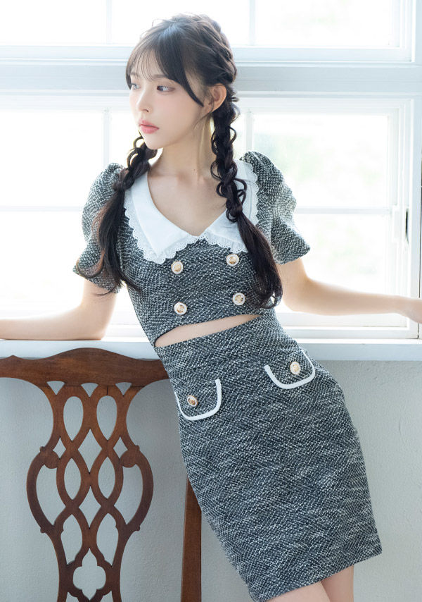 韓国ドレス ミニドレス 襟付き ダブルボタン 半袖 パフスリーブ ウエストカット ツイード タイト キャバドレスイメージ画像1