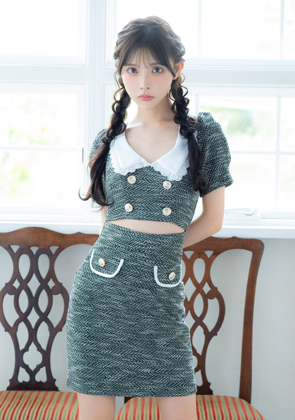 韓国ドレス ミニドレス 襟付き ダブルボタン 半袖 パフスリーブ ウエストカット ツイード タイト キャバドレスイメージ画像1