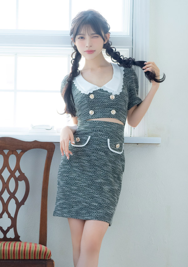 韓国ドレス ミニドレス 襟付き ダブルボタン 半袖 パフスリーブ ウエストカット ツイード タイト キャバドレスのイメージ画像2