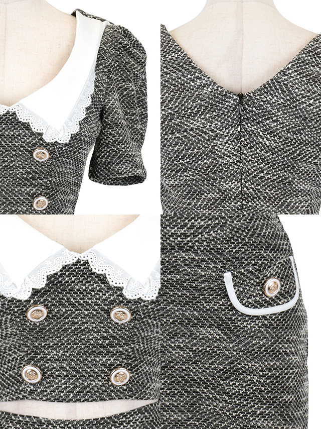 韓国ドレス ミニドレス 襟付き ダブルボタン 半袖 パフスリーブ ウエストカット ツイード タイト キャバドレスのディティール1