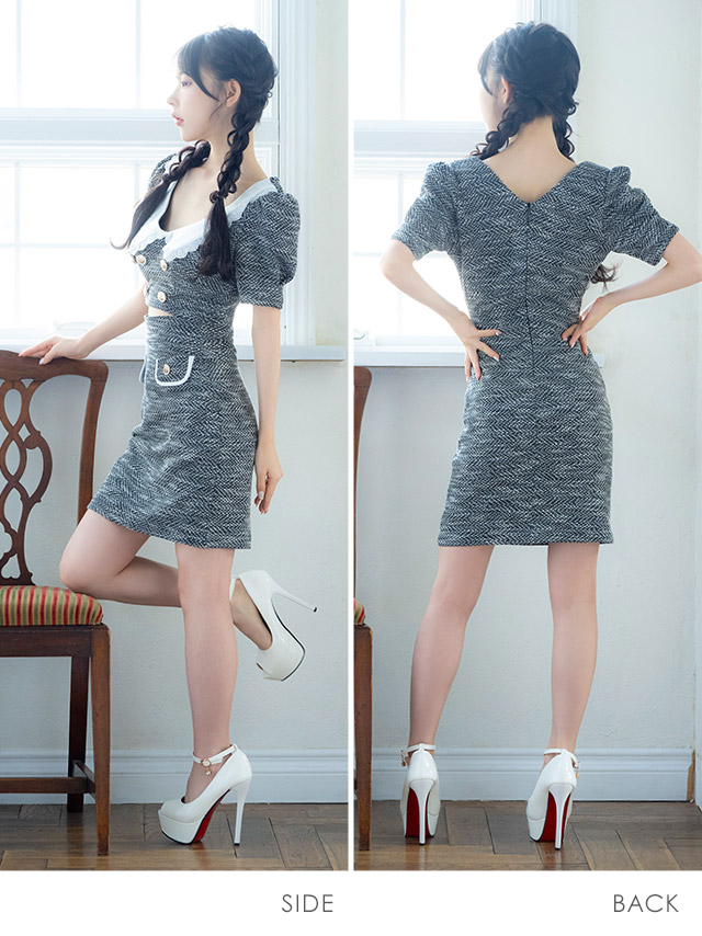 韓国ドレス ミニドレス 襟付き ダブルボタン 半袖 パフスリーブ ウエストカット ツイード タイト キャバドレスのサイドバッグ全身