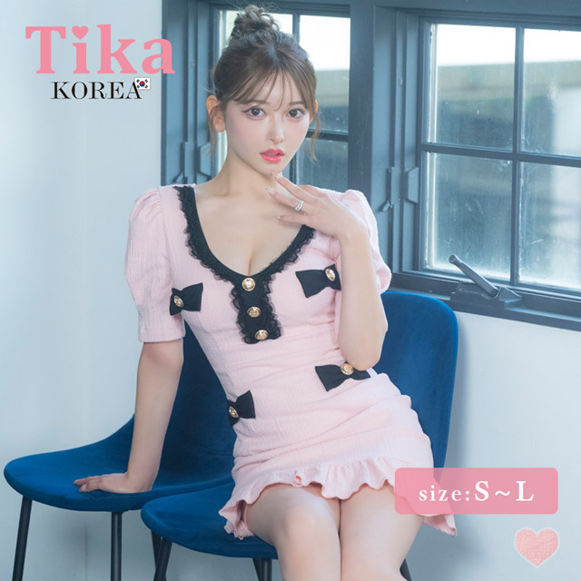 韓国ドレス ミニドレス リボン 袖あり パイピング レースチュール ストレッチ 裾フリル ピンク タイト キャバドレスのメイン画像