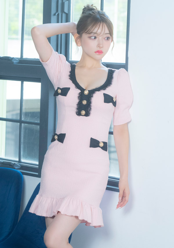 韓国ドレス ミニドレス リボン 袖あり パイピング レースチュール ストレッチ 裾フリル ピンク タイト キャバドレスイメージ画像1