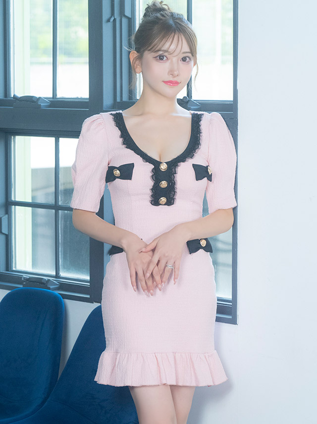 韓国ドレス ミニドレス リボン 袖あり パイピング レースチュール ストレッチ 裾フリル ピンク タイト キャバドレスのイメージ画像2